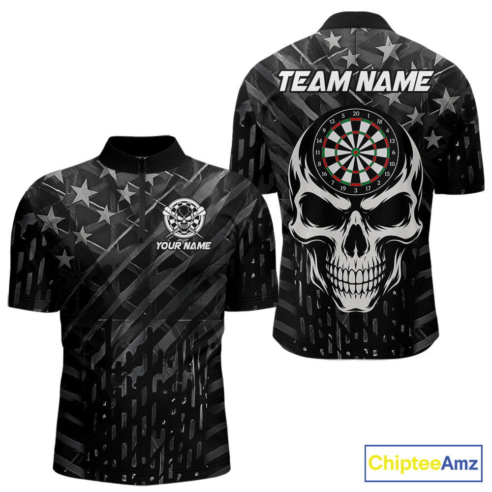 Personalized Black US Flag Skull Darts Shirt Custom Darts League Team Jersey Polo, 1/4 Zip
