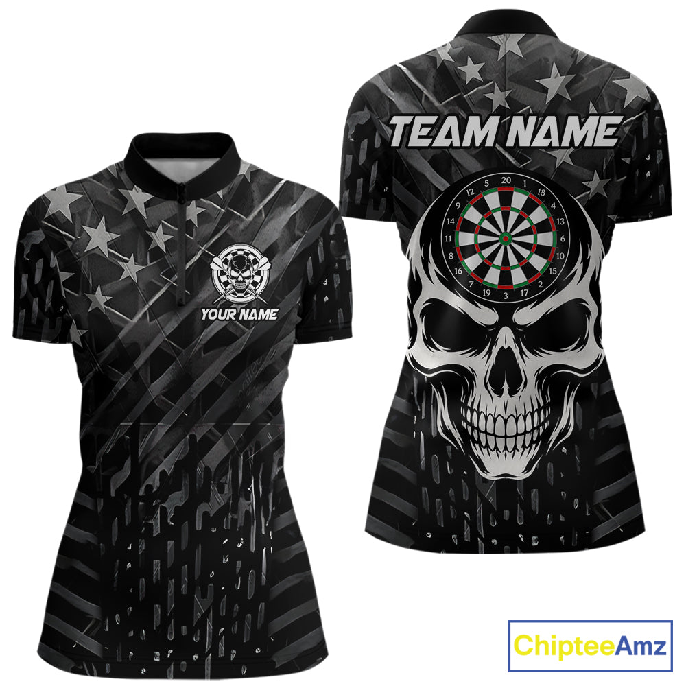 Personalized Black US Flag Skull Darts Shirt Custom Darts League Team Jersey Polo, 1/4 Zip