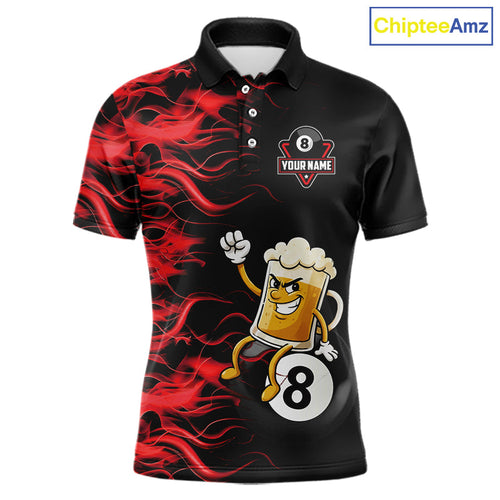 Red Flaming Funny Beer 8 Ball Billiard Shirt Custom Pool Team Jersey Polo & 1/4 Zip