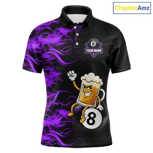 Purple Flaming Funny Beer 8 Ball Billiard Shirt Custom Pool Team Jersey Polo & 1/4 Zip