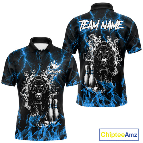 Personalized Blue Flaming Panther Bowling Shirts, Bowling Team League Jersey Polo, 1/4 Zip
