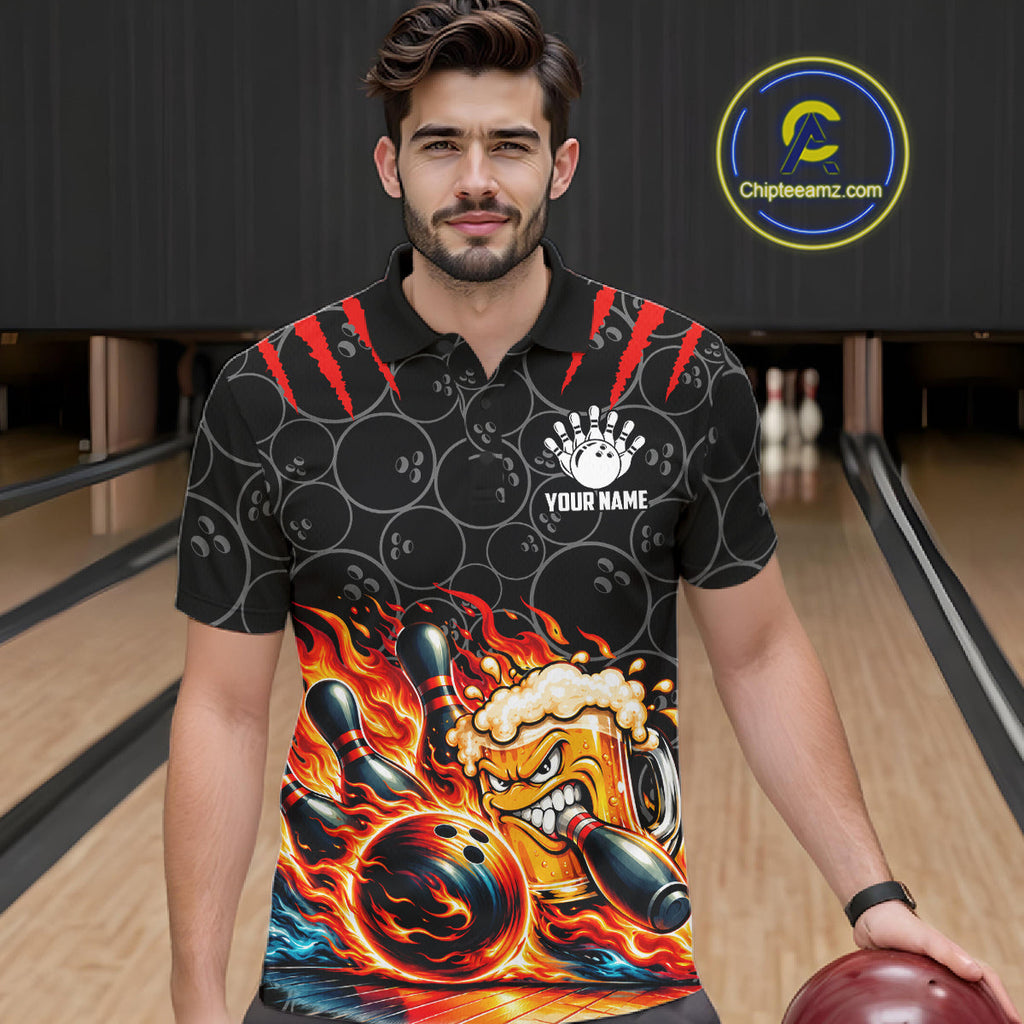 Black And Red Flaming Funny Beer Bowling Shirts Custom Fire Bowling League Team Jersey