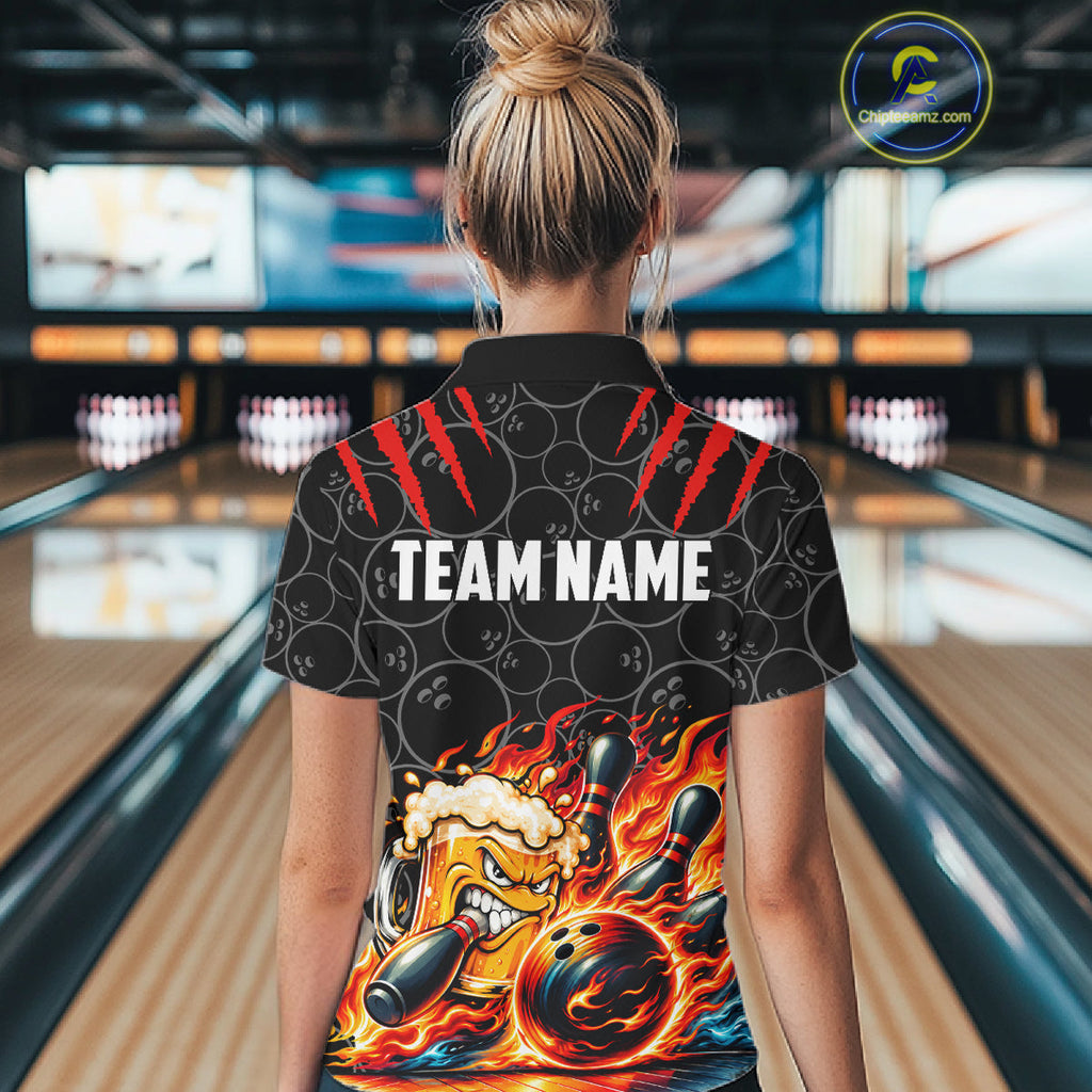 Black And Red Flaming Funny Beer Bowling Shirts Custom Fire Bowling League Team Jersey