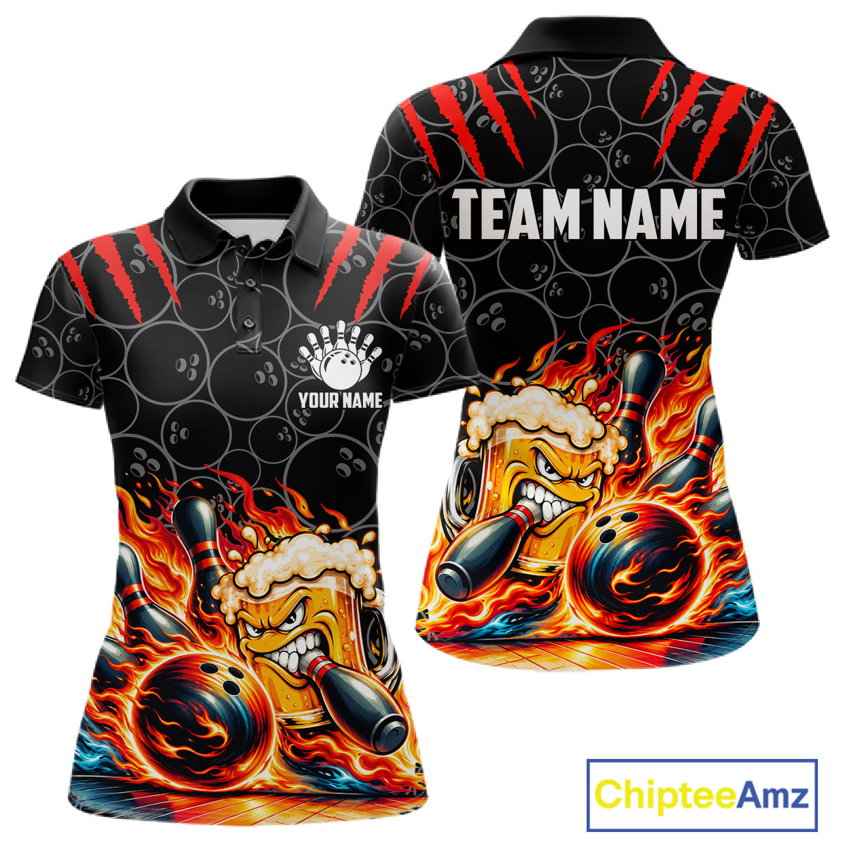 Black And Red Flaming Funny Beer Bowling Shirts Custom Fire Bowling League Team Jersey