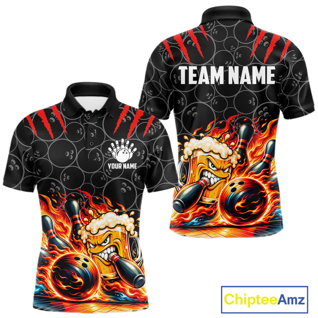 Black And Red Flaming Funny Beer Bowling Shirts Custom Fire Bowling League Team Jersey