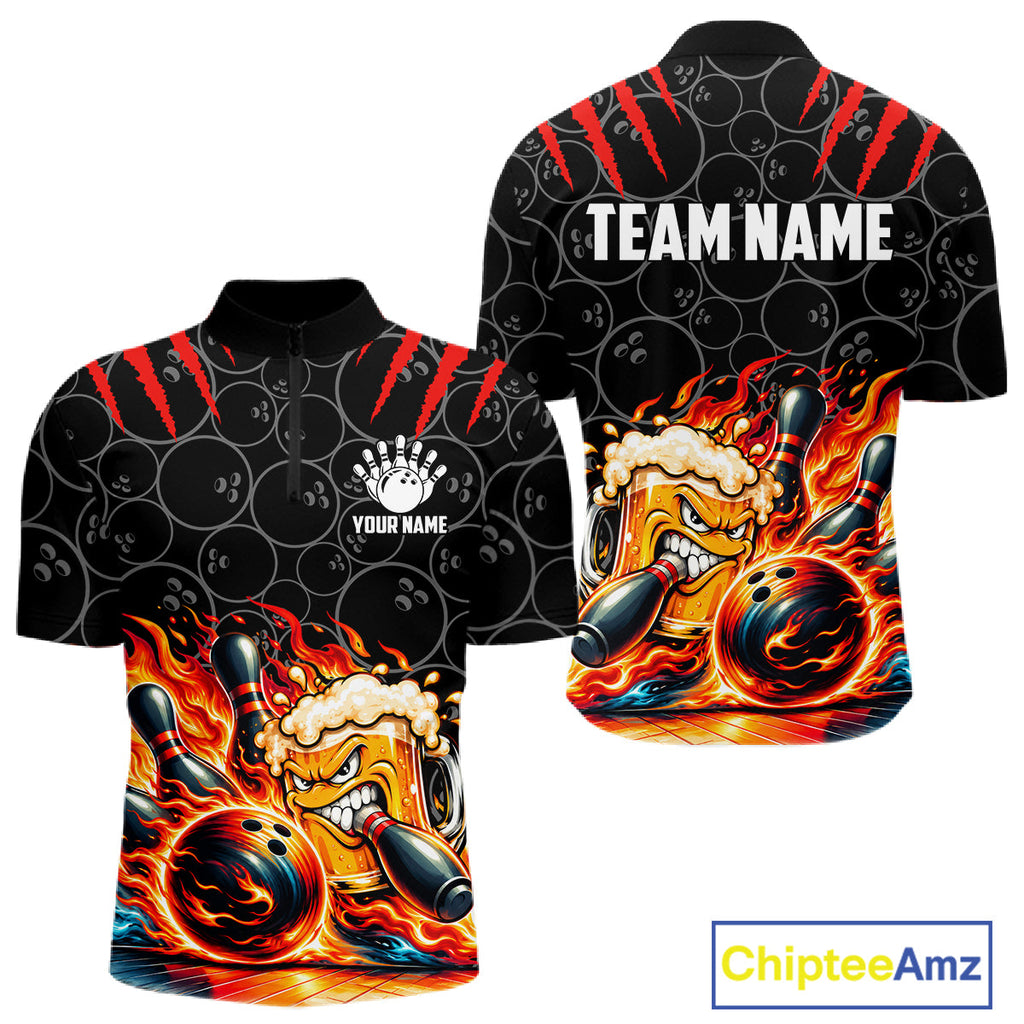 Black And Red Flaming Funny Beer Bowling Shirts Custom Fire Bowling League Team Jersey