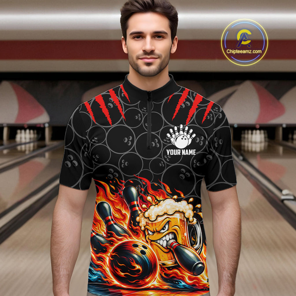 Black And Red Flaming Funny Beer Bowling Shirts Custom Fire Bowling League Team Jersey
