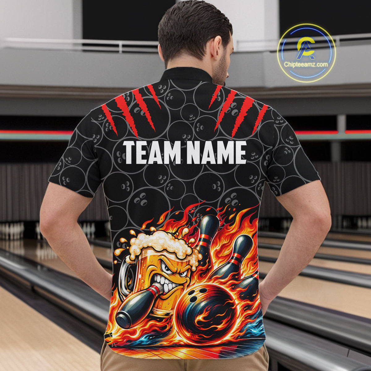 Black And Red Flaming Funny Beer Bowling Shirts Custom Fire Bowling League Team Jersey