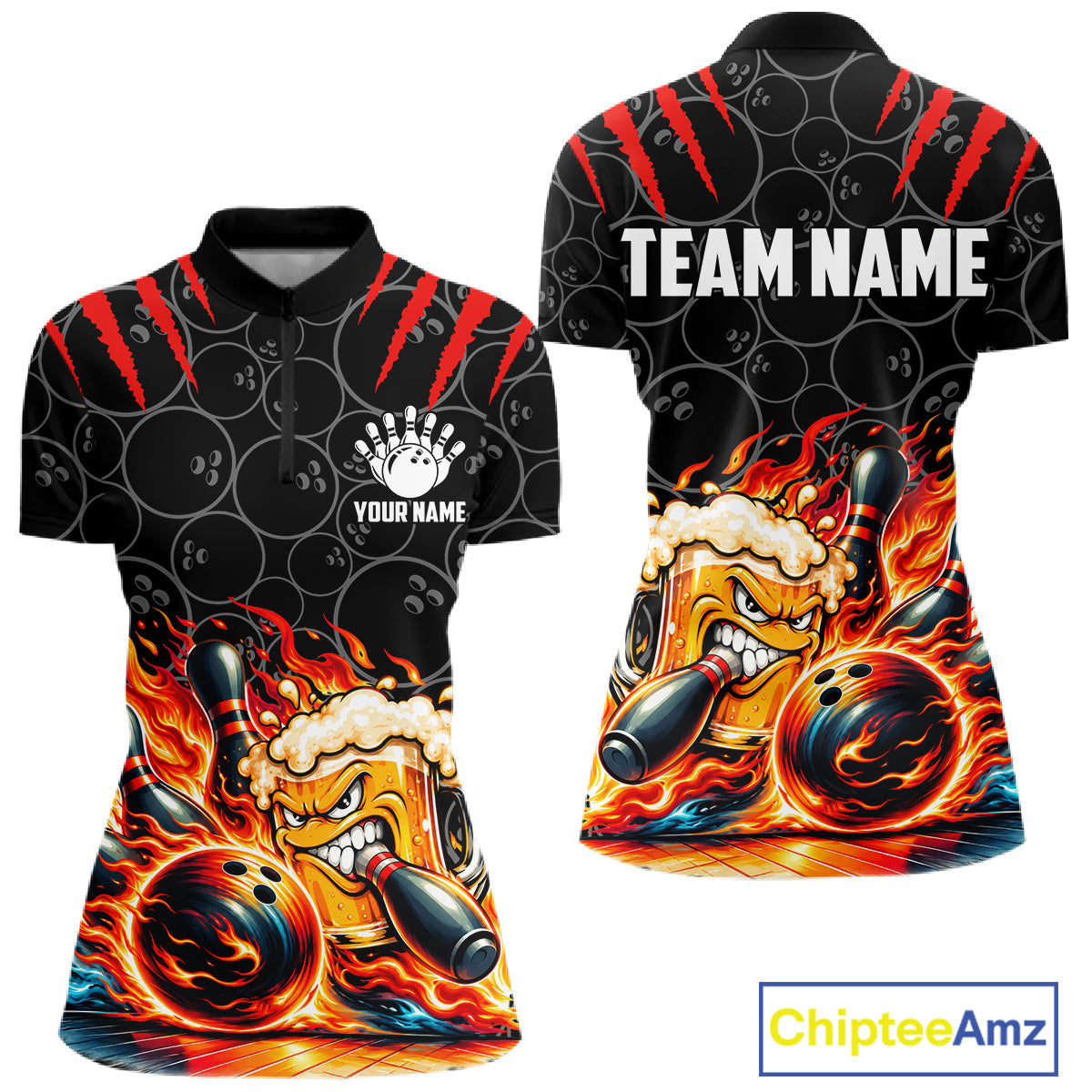 Black And Red Flaming Funny Beer Bowling Shirts Custom Fire Bowling League Team Jersey
