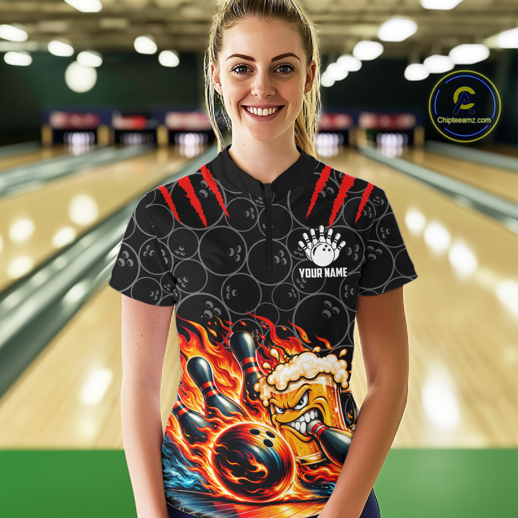 Black And Red Flaming Funny Beer Bowling Shirts Custom Fire Bowling League Team Jersey