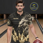 Black And Gold Custom Eagle Tribal Bowling Shirt, Retro Bowling Team Jersey Polo & 1/4 Zip