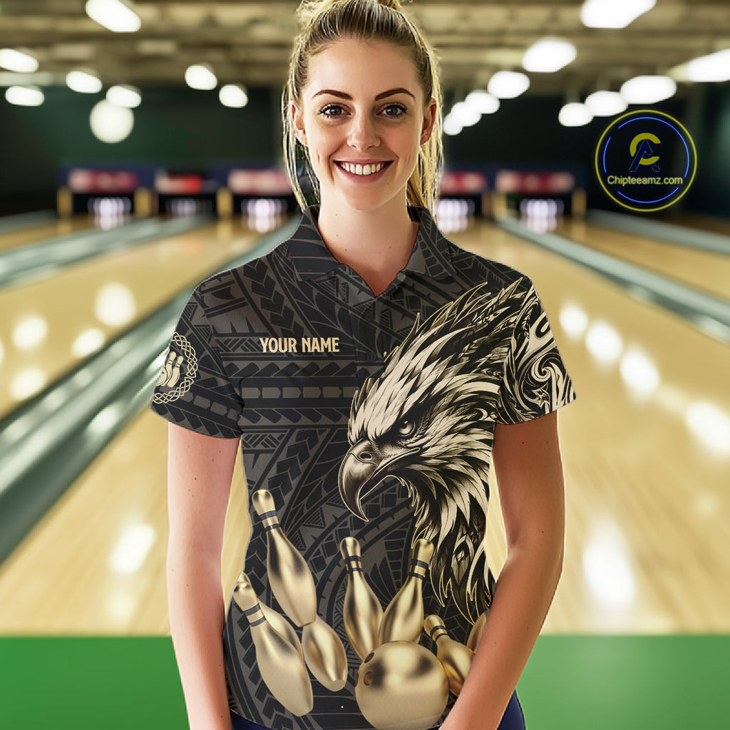 Black And Gold Custom Eagle Tribal Bowling Shirt, Retro Bowling Team Jersey Polo & 1/4 Zip