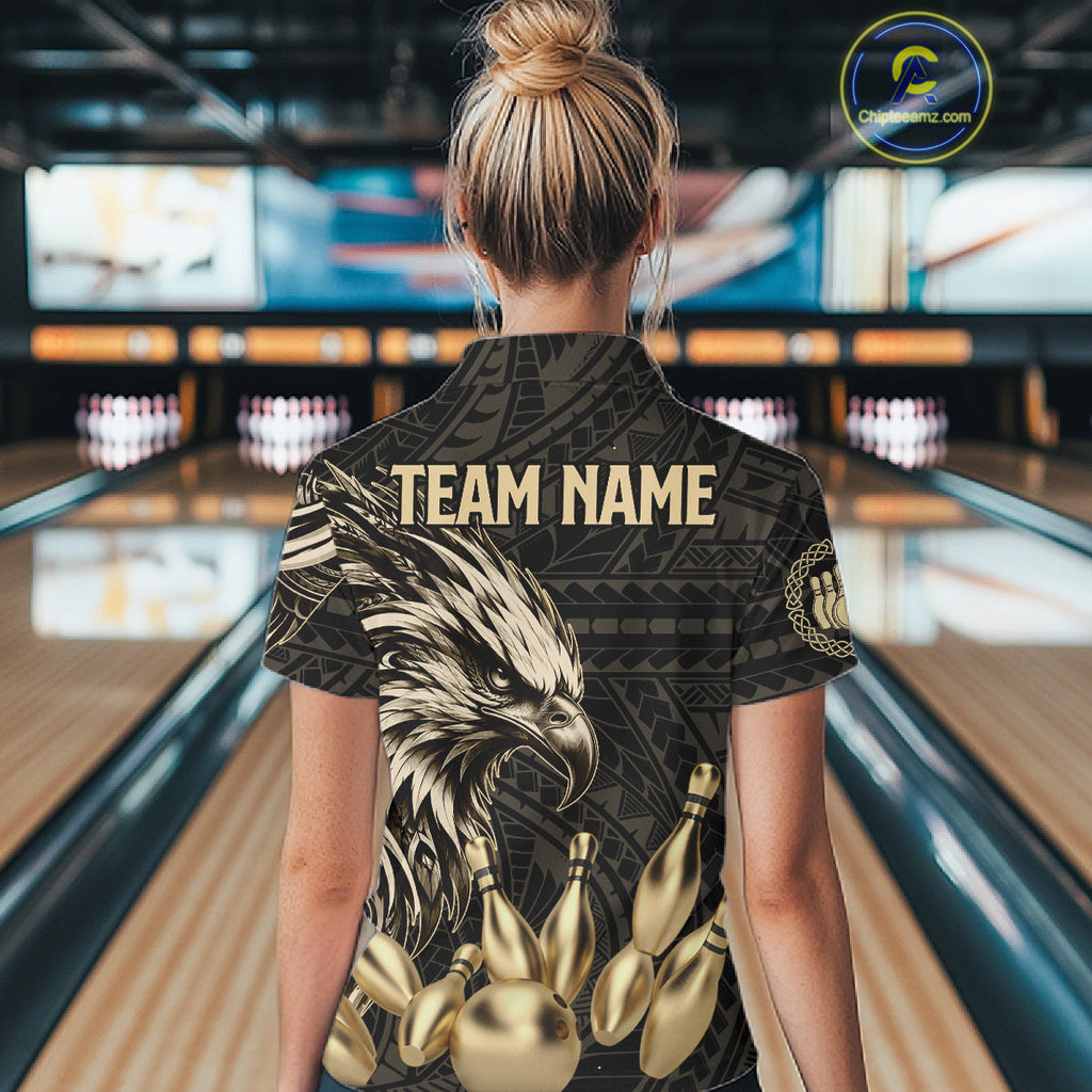Black And Gold Custom Eagle Tribal Bowling Shirt, Retro Bowling Team Jersey Polo & 1/4 Zip