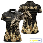 Black And Gold Custom Eagle Tribal Bowling Shirt, Retro Bowling Team Jersey Polo & 1/4 Zip