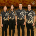 Black And Gold Custom Eagle Tribal Bowling Shirt, Retro Bowling Team Jersey Polo & 1/4 Zip