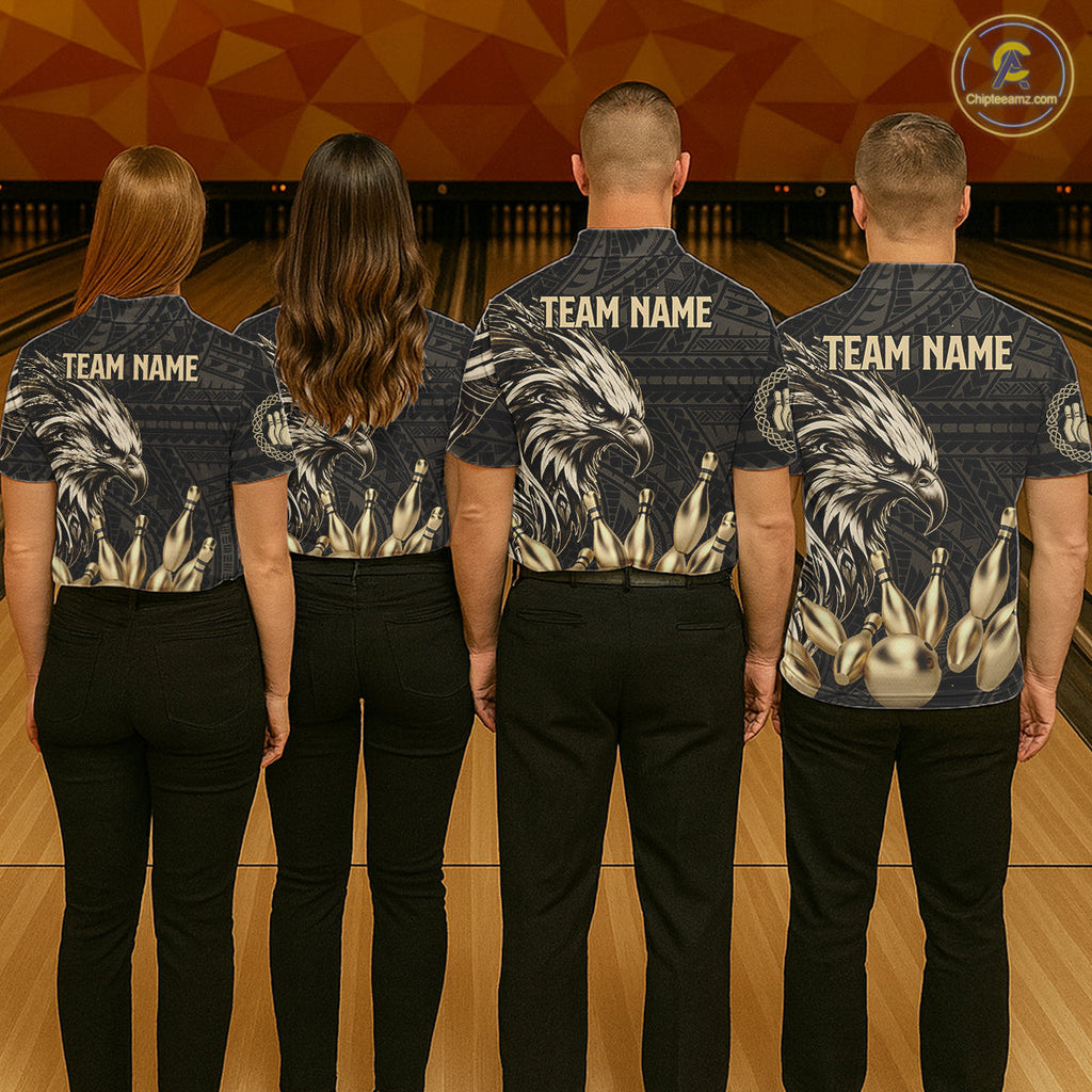 Black And Gold Custom Eagle Tribal Bowling Shirt, Retro Bowling Team Jersey Polo & 1/4 Zip