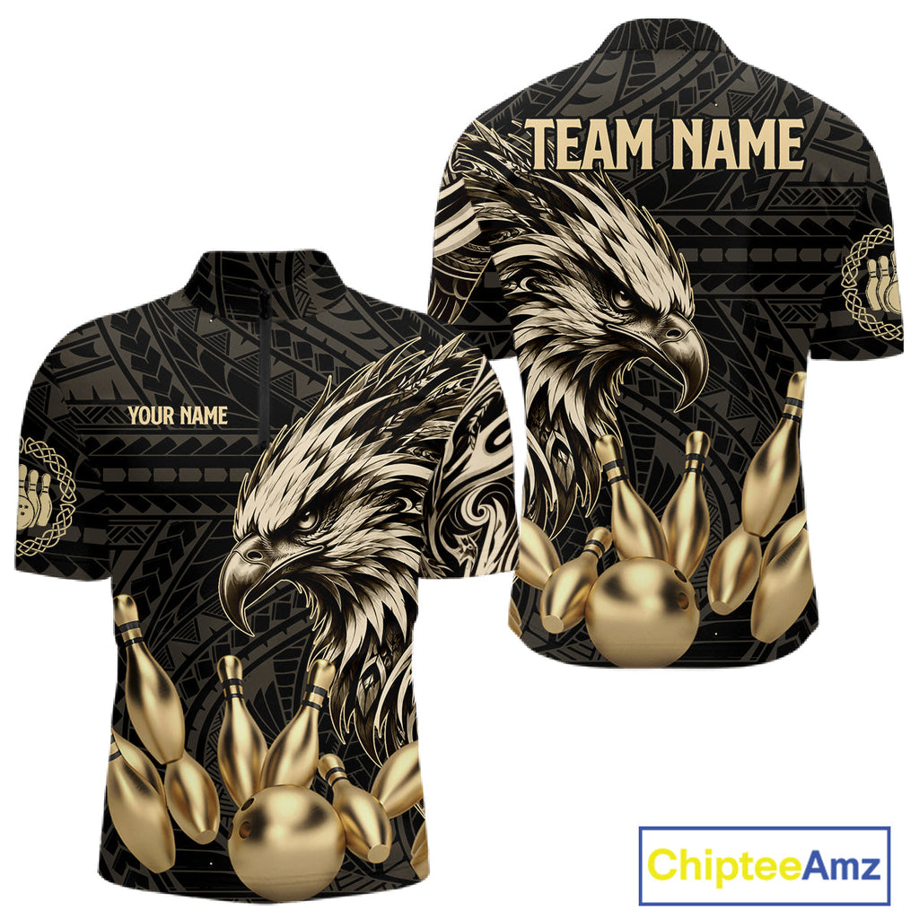 Black And Gold Custom Eagle Tribal Bowling Shirt, Retro Bowling Team Jersey Polo & 1/4 Zip