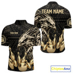 Black And Gold Custom Eagle Tribal Bowling Shirt, Retro Bowling Team Jersey Polo & 1/4 Zip