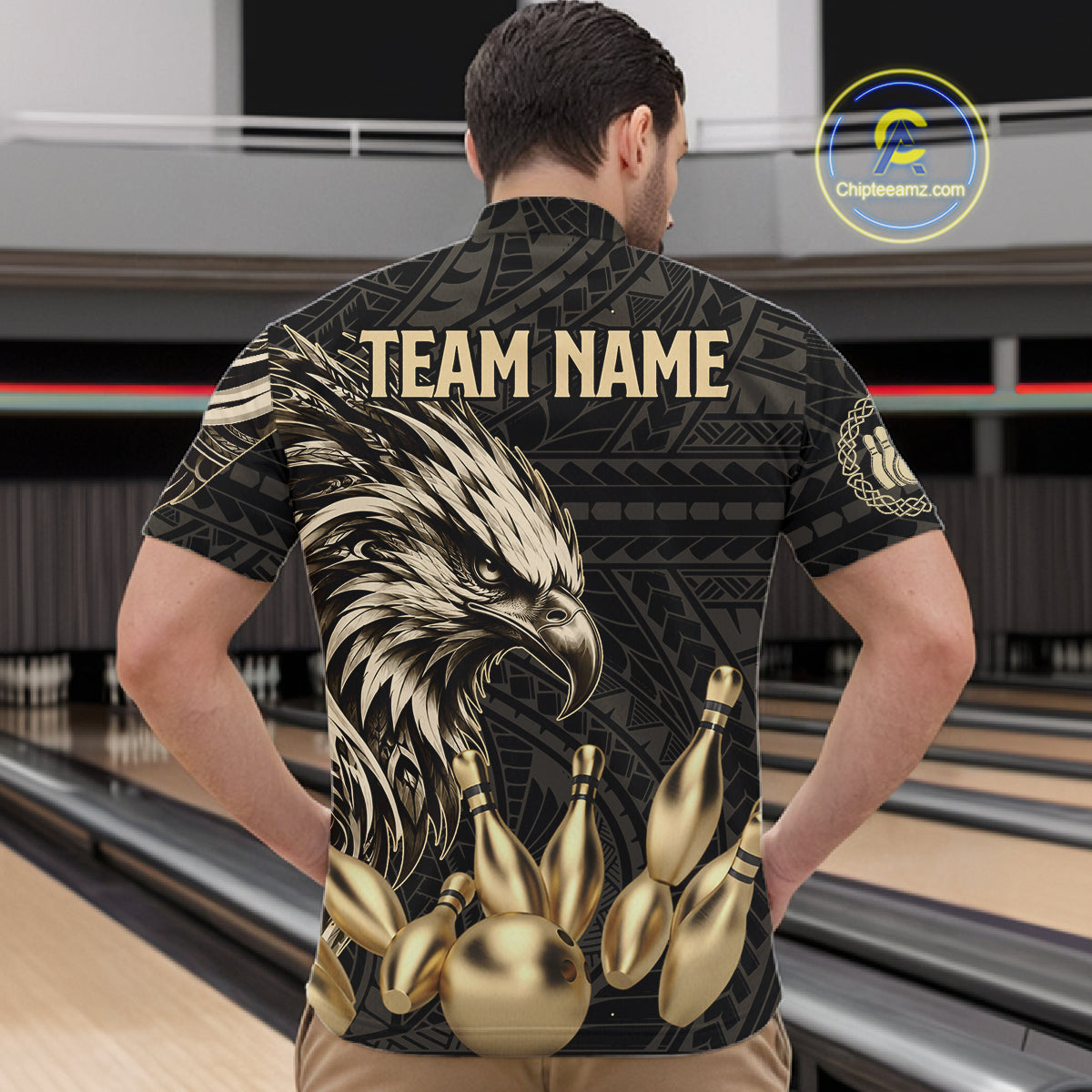 Black And Gold Custom Eagle Tribal Bowling Shirt, Retro Bowling Team Jersey Polo & 1/4 Zip