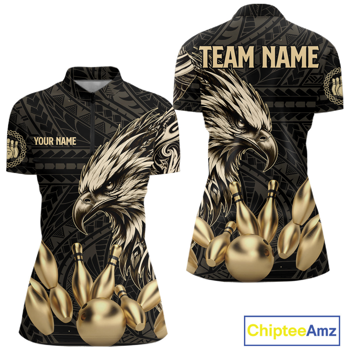 Black And Gold Custom Eagle Tribal Bowling Shirt, Retro Bowling Team Jersey Polo & 1/4 Zip