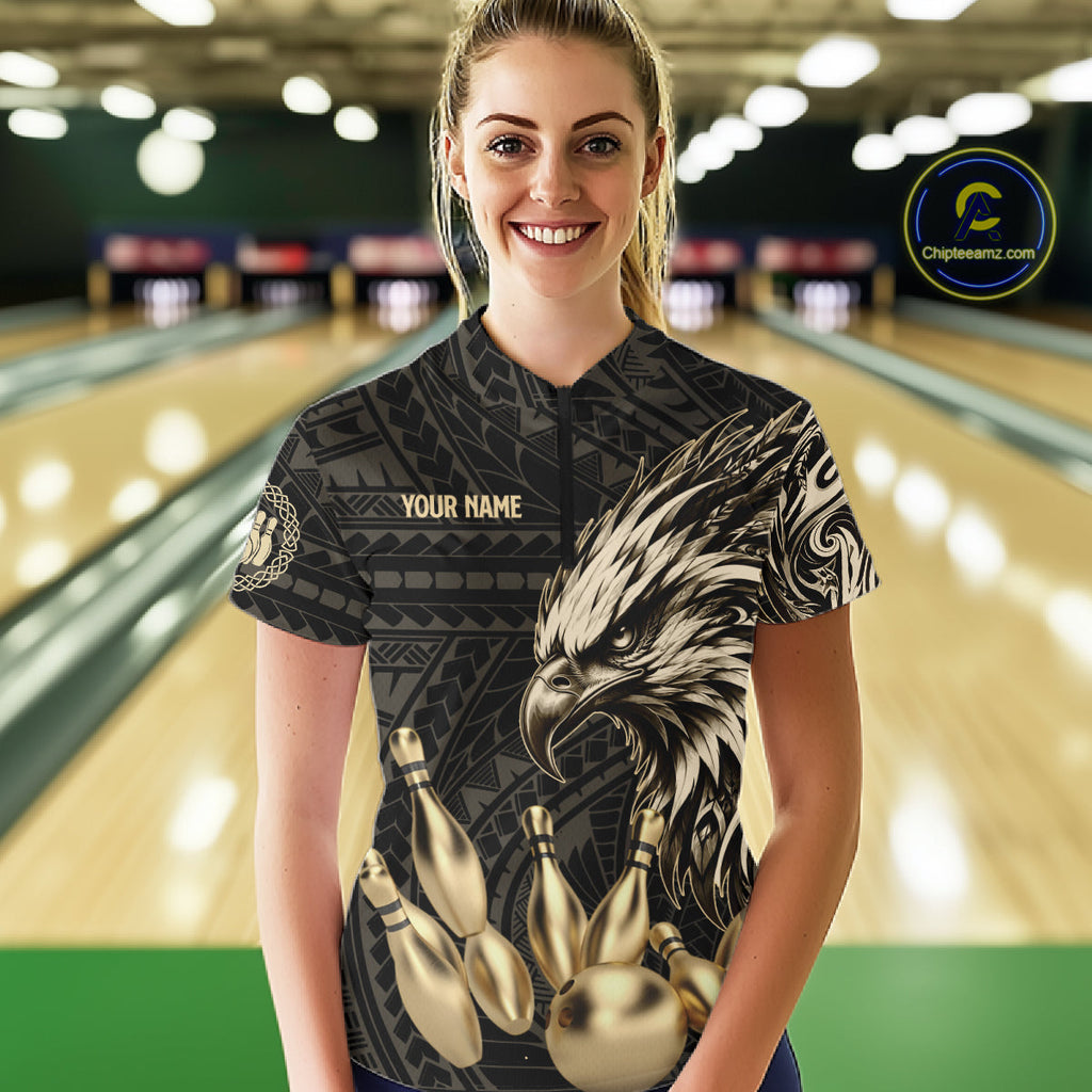 Black And Gold Custom Eagle Tribal Bowling Shirt, Retro Bowling Team Jersey Polo & 1/4 Zip