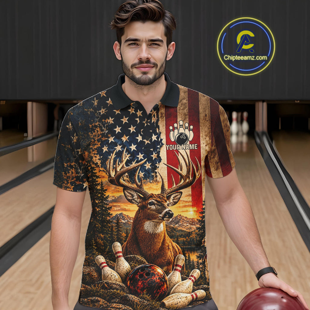 Vintage American Flag Deer Bowling Shirts Custom Patriotic Retro Bowling Team Jersey