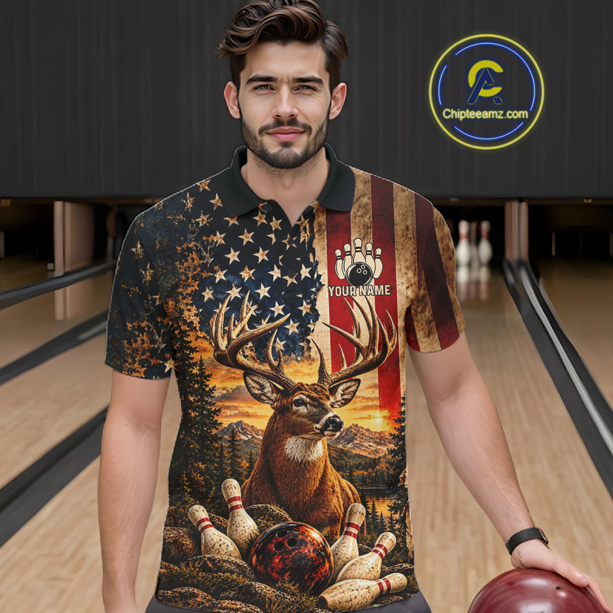 Vintage American Flag Deer Bowling Shirts Custom Patriotic Retro Bowling Team Jersey