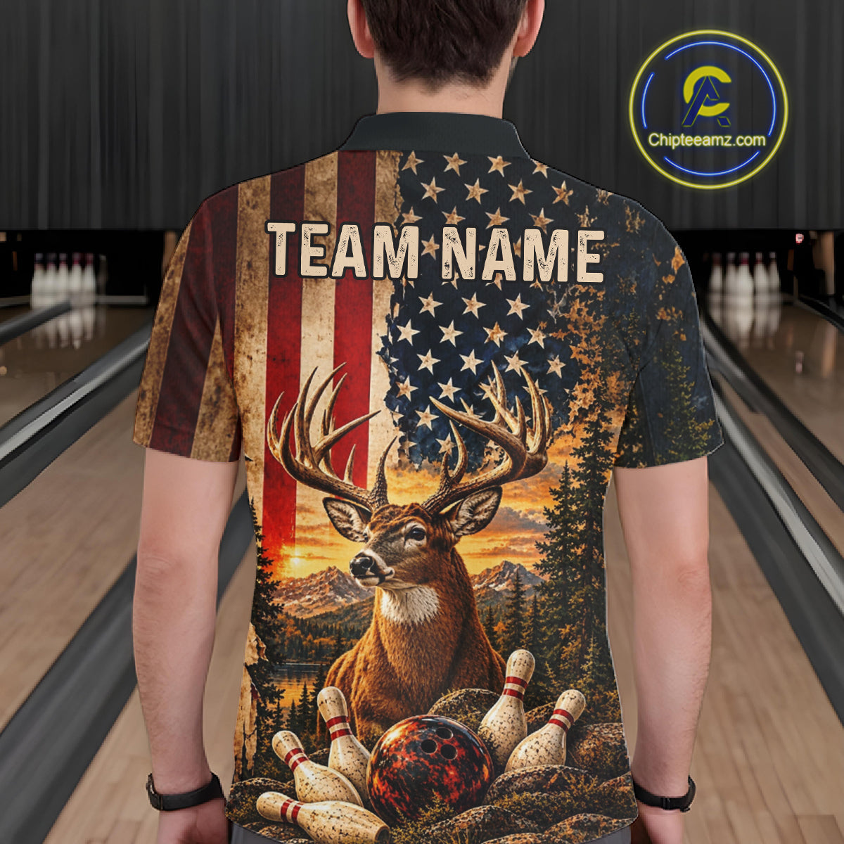 Vintage American Flag Deer Bowling Shirts Custom Patriotic Retro Bowling Team Jersey