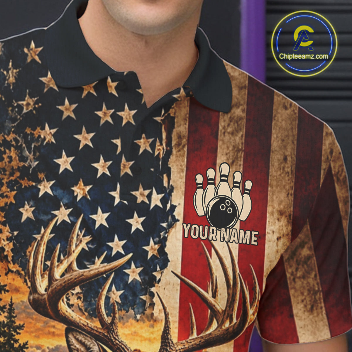 Vintage American Flag Deer Bowling Shirts Custom Patriotic Retro Bowling Team Jersey