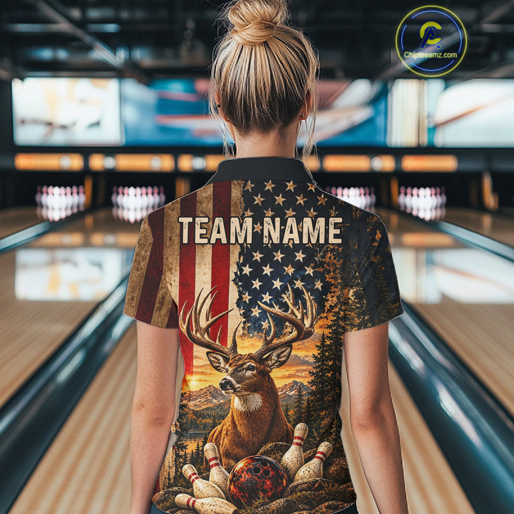 Vintage American Flag Deer Bowling Shirts Custom Patriotic Retro Bowling Team Jersey