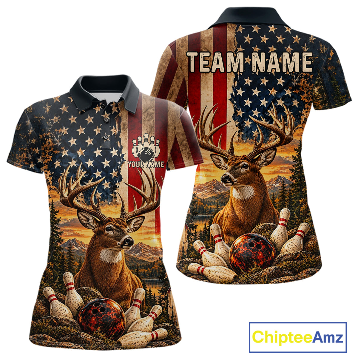 Vintage American Flag Deer Bowling Shirts Custom Patriotic Retro Bowling Team Jersey