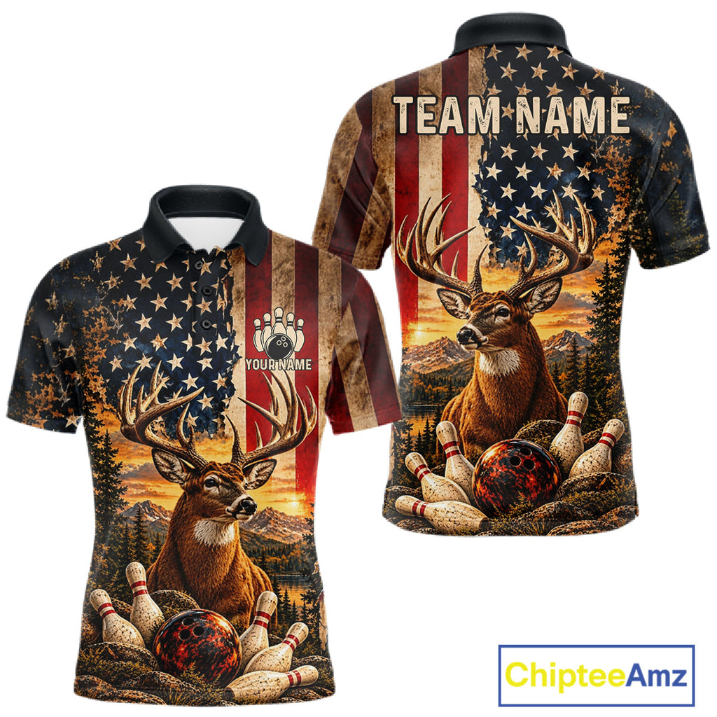 Vintage American Flag Deer Bowling Shirts Custom Patriotic Retro Bowling Team Jersey