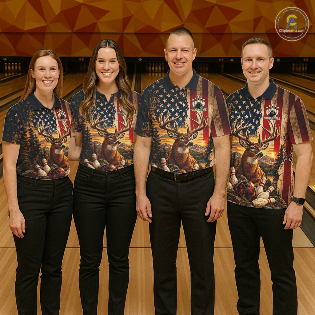Vintage American Flag Deer Bowling Shirts Custom Patriotic Retro Bowling Team Jersey
