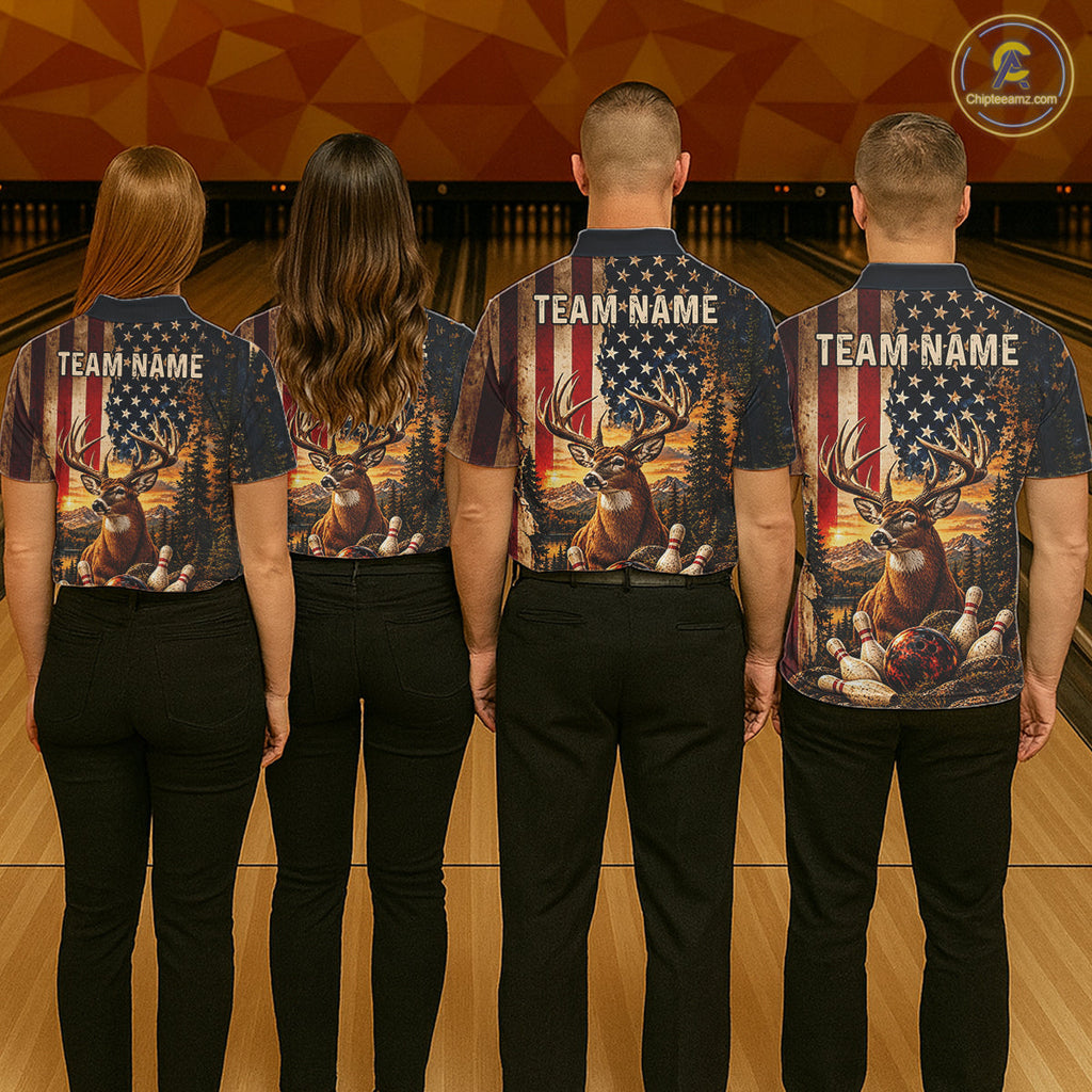 Vintage American Flag Deer Bowling Shirts Custom Patriotic Retro Bowling Team Jersey