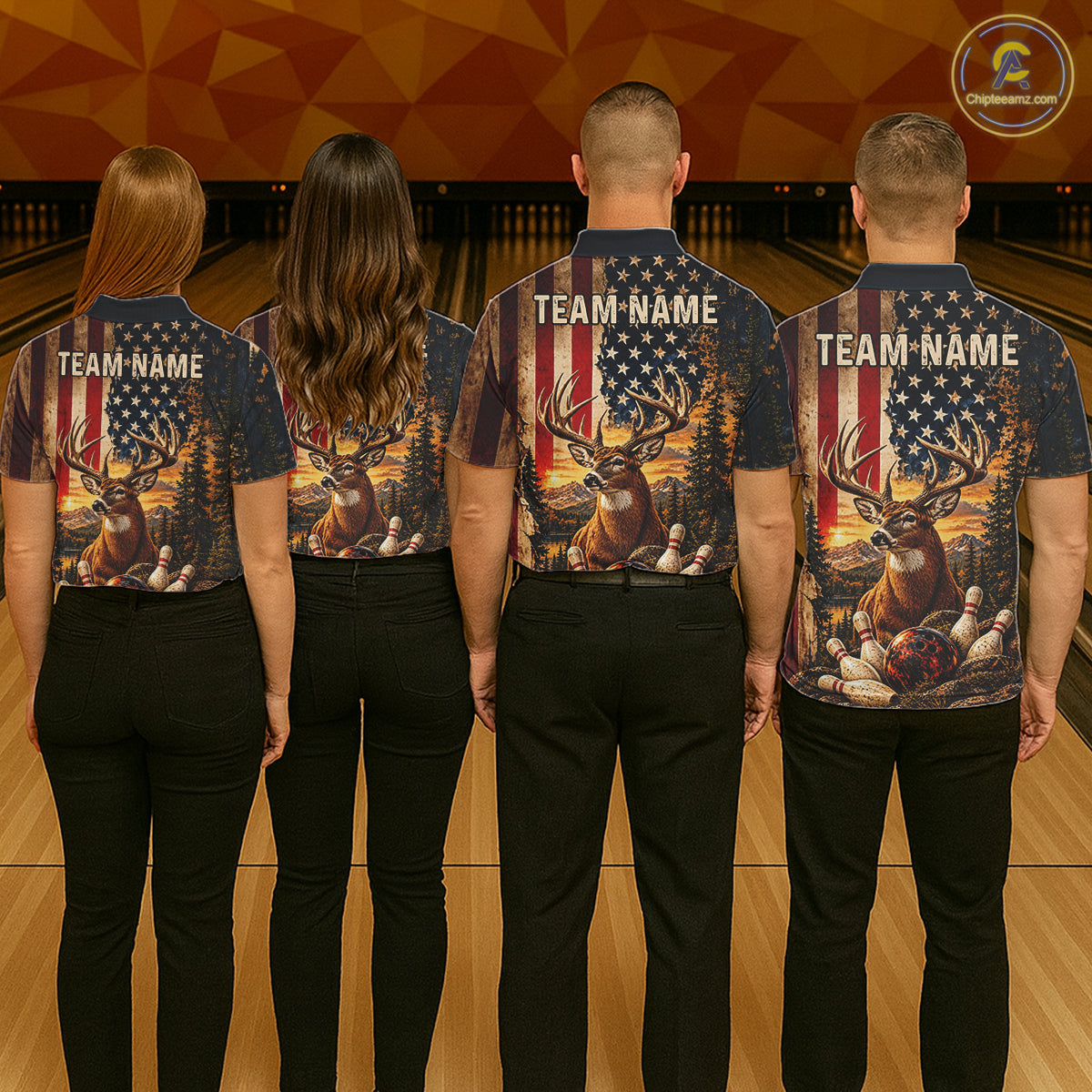 Vintage American Flag Deer Bowling Shirts Custom Patriotic Retro Bowling Team Jersey
