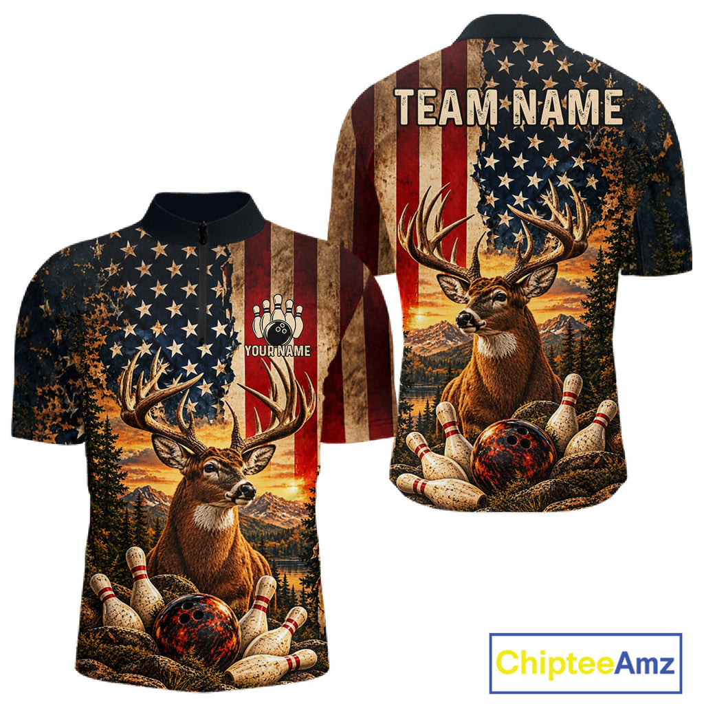 Vintage American Flag Deer Bowling Shirts Custom Patriotic Retro Bowling Team Jersey
