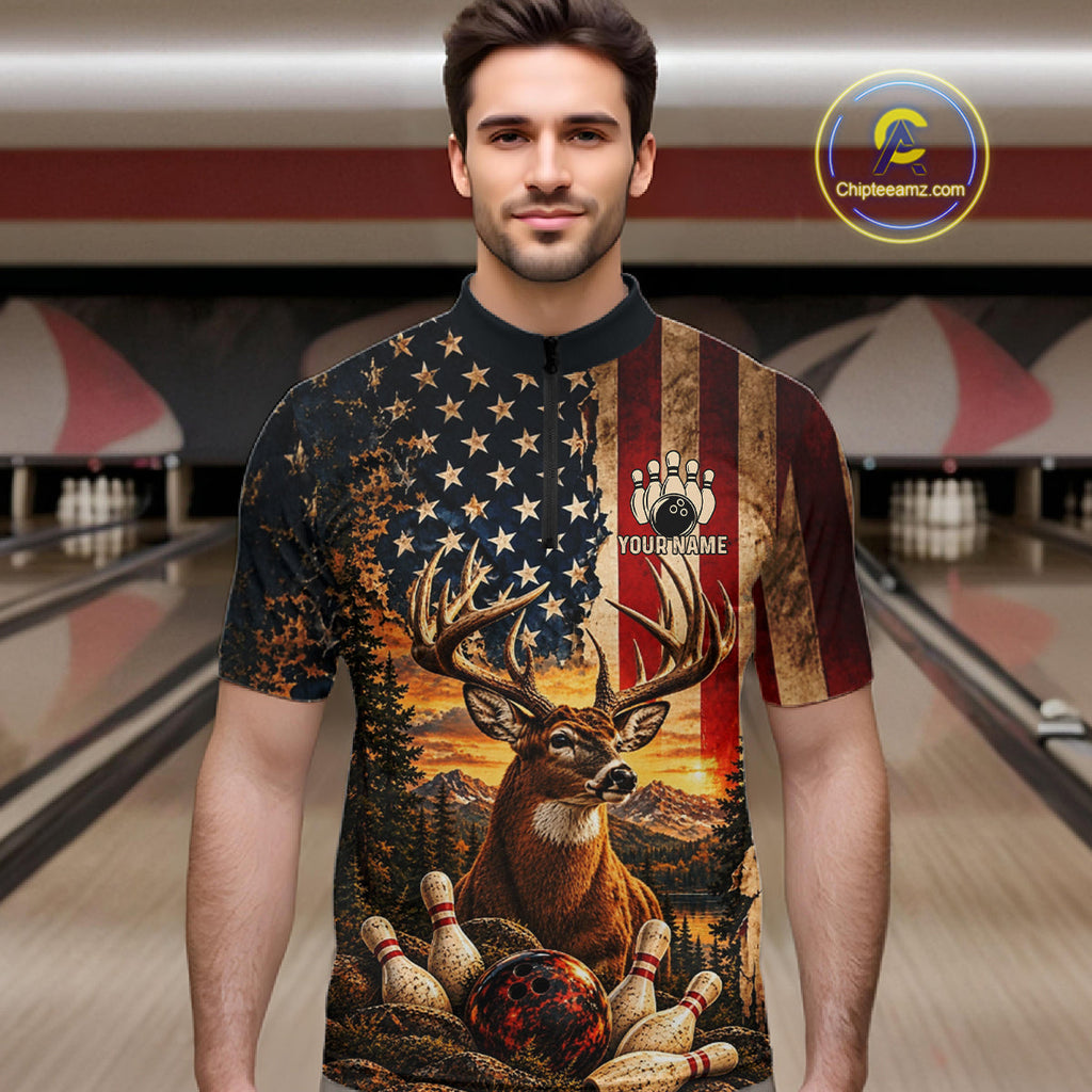 Vintage American Flag Deer Bowling Shirts Custom Patriotic Retro Bowling Team Jersey