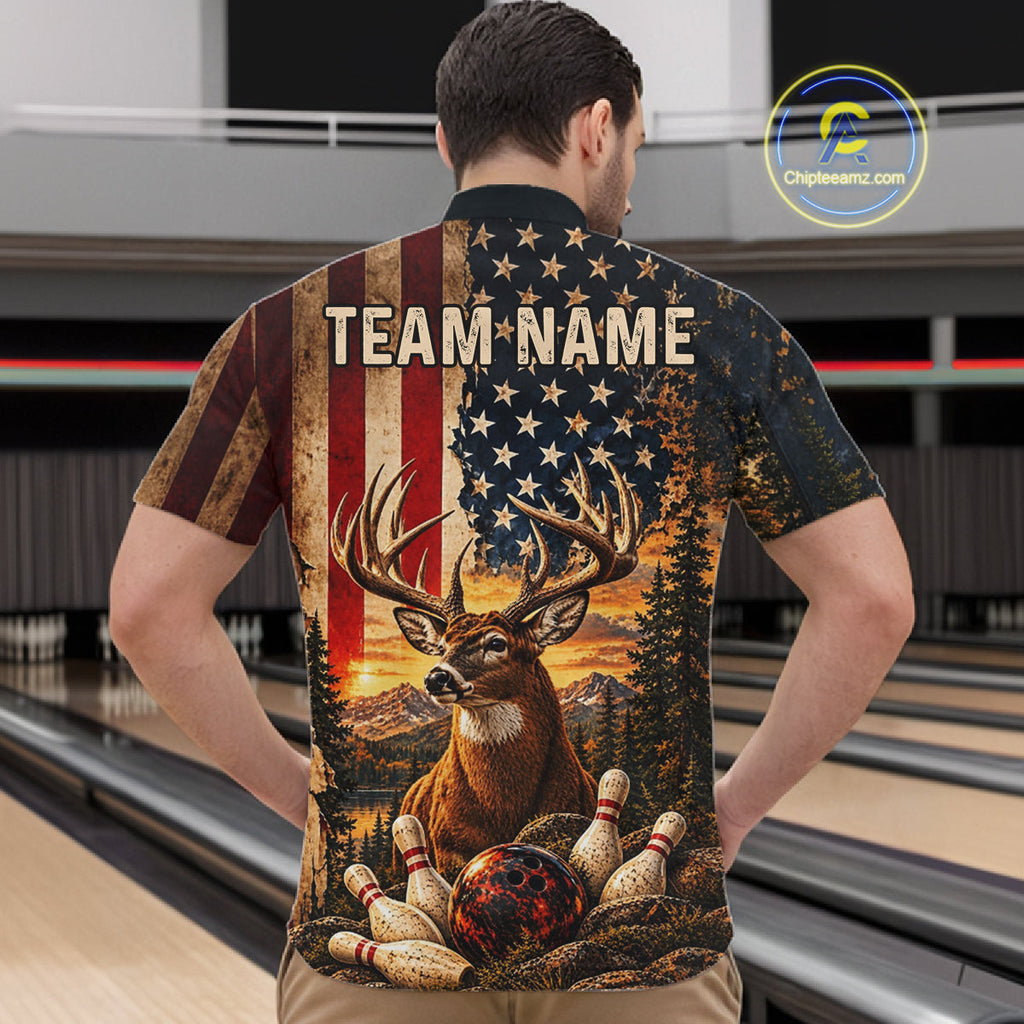 Vintage American Flag Deer Bowling Shirts Custom Patriotic Retro Bowling Team Jersey