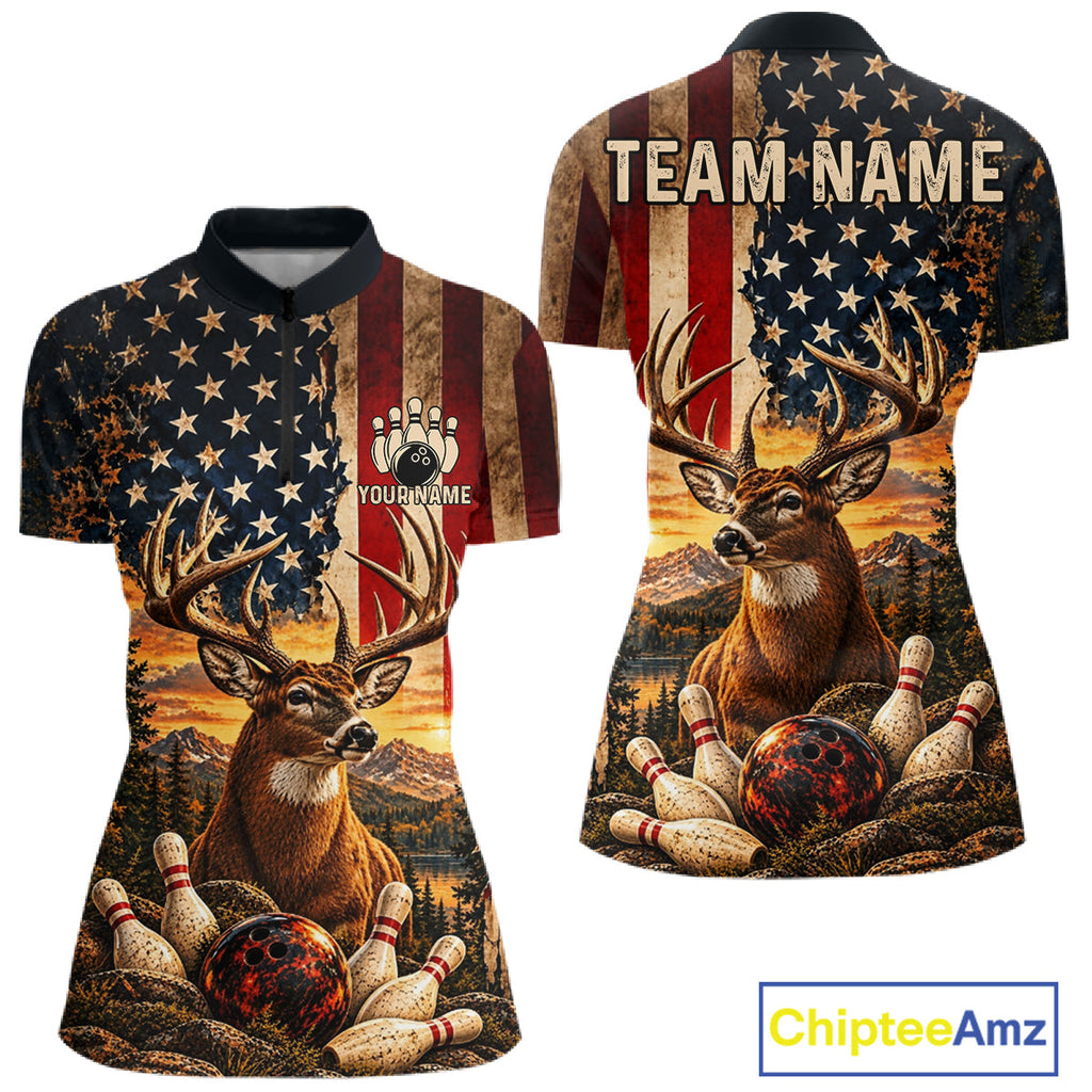 Vintage American Flag Deer Bowling Shirts Custom Patriotic Retro Bowling Team Jersey