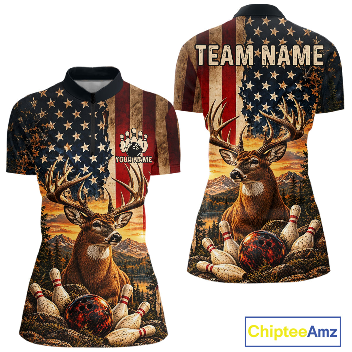Vintage American Flag Deer Bowling Shirts Custom Patriotic Retro Bowling Team Jersey