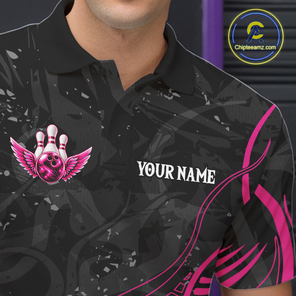 Personalized Pink And Black Bowling Wings Polo & 1/4 Zip Shirt Custom Bowling Team Jersey