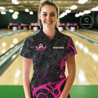 Personalized Pink And Black Bowling Wings Polo & 1/4 Zip Shirt Custom Bowling Team Jersey