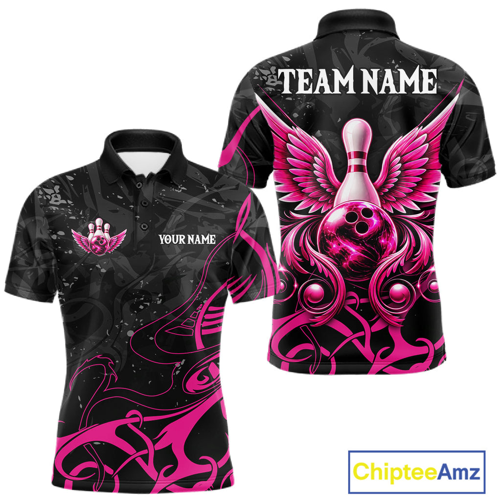 Personalized Pink And Black Bowling Wings Polo & 1/4 Zip Shirt Custom Bowling Team Jersey