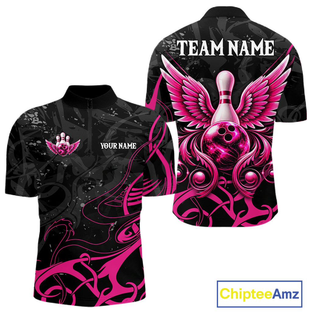 Personalized Pink And Black Bowling Wings Polo & 1/4 Zip Shirt Custom Bowling Team Jersey