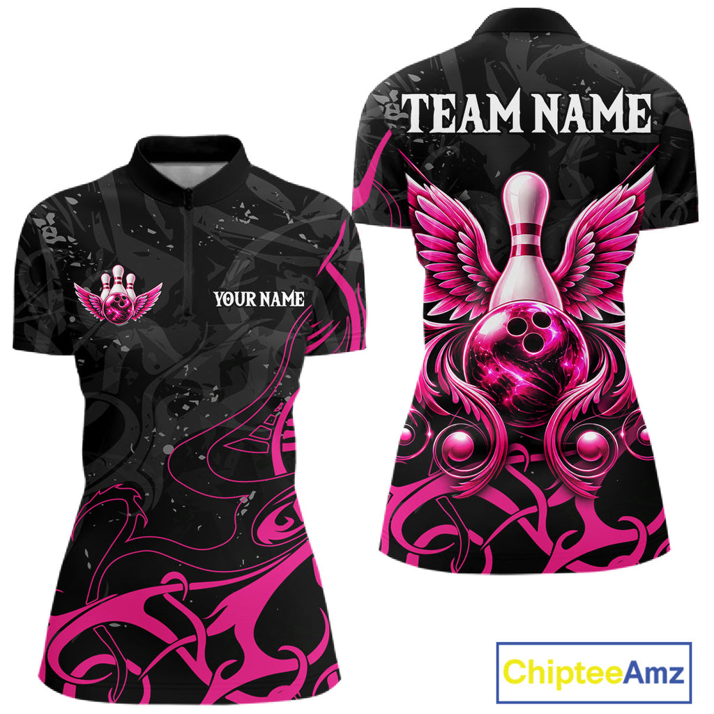 Personalized Pink And Black Bowling Wings Polo & 1/4 Zip Shirt Custom Bowling Team Jersey