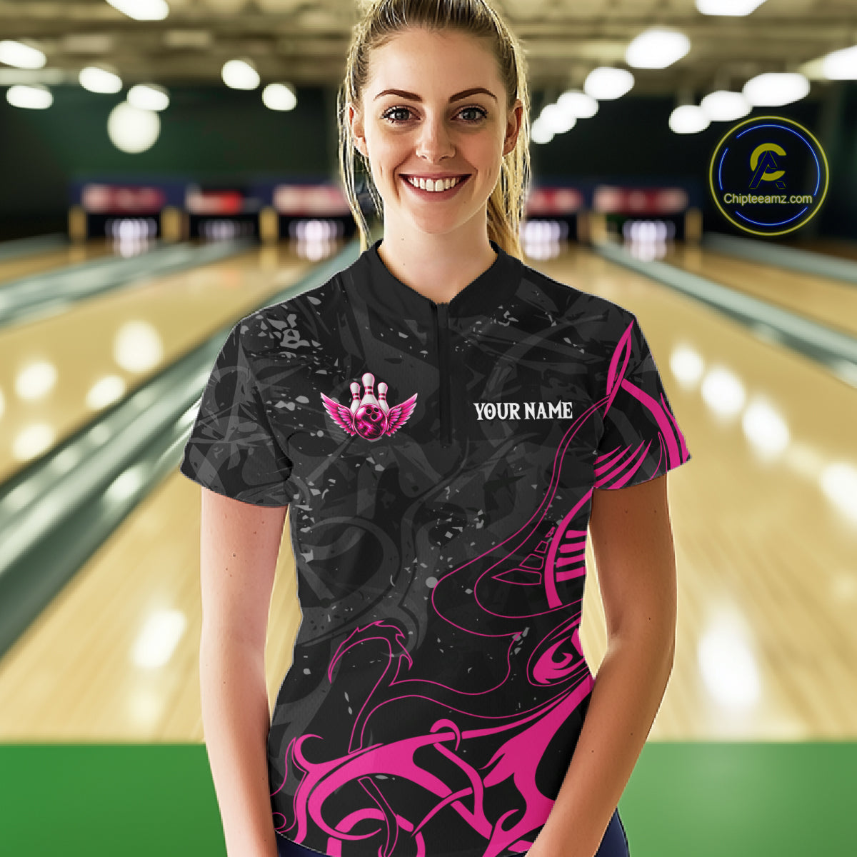 Personalized Pink And Black Bowling Wings Polo & 1/4 Zip Shirt Custom Bowling Team Jersey