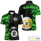 Green Flaming 8 Ball & 9 Ball Billiard Shirt Custom Pool Team Jersey Polo & 1/4 Zip