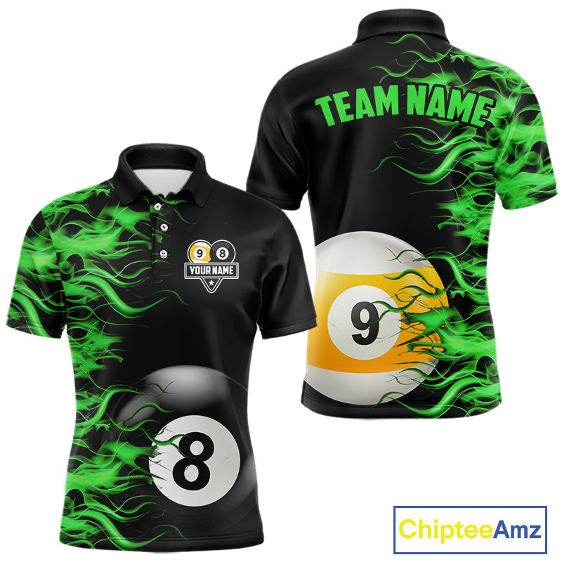 Green Flaming 8 Ball & 9 Ball Billiard Shirt Custom Pool Team Jersey Polo & 1/4 Zip