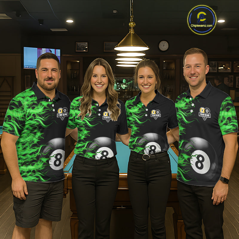 Green Flaming 8 Ball & 9 Ball Billiard Shirt Custom Pool Team Jersey Polo & 1/4 Zip