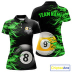 Green Flaming 8 Ball & 9 Ball Billiard Shirt Custom Pool Team Jersey Polo & 1/4 Zip